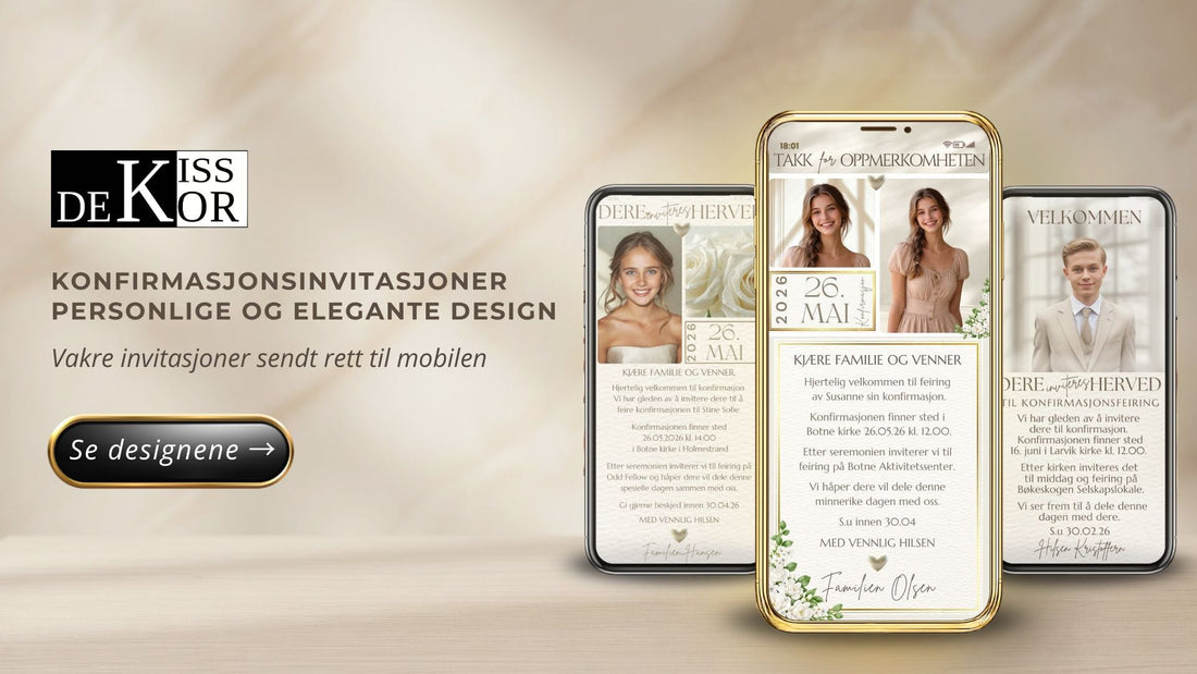 Bannerbilde for KISS DEKOR dåpsinvitasjoner – tre mobilskjermer med digitale invitasjoner med babybilde, hvite roser og teksten "Velkommen" og dato 16. juli, på beige bakgrunn 