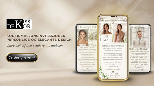 Bannerbilde for KISS DEKOR dåpsinvitasjoner – tre mobilskjermer med digitale invitasjoner med babybilde, hvite roser og teksten "Velkommen" og dato 16. juli, på beige bakgrunn 
