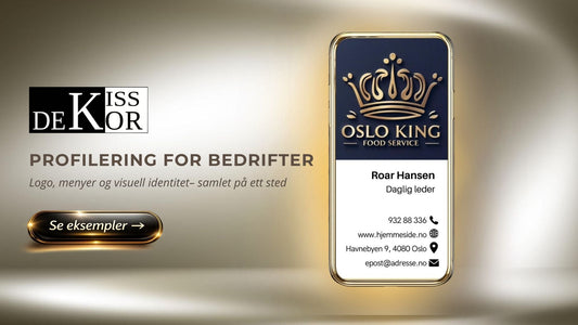 Bannerbilde for KISS DEKOR profilering for bedrifter – digitalt visittkort for Oslo King Food Service med gullkrone-logo, navn Roar Hansen daglig leder, telefon og adresse, på gull og beige bakgrunn 