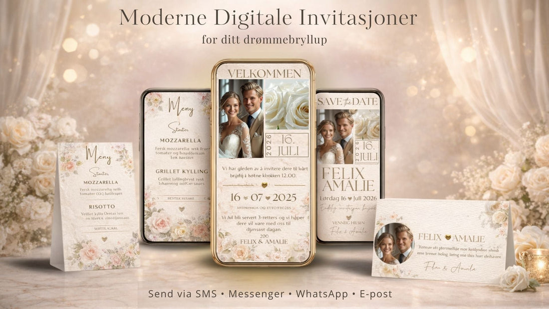 Bannerbilde for KISS DEKOR moderne digitale bryllupsinvitasjoner – mobilskjerm med brudeparbilde og dato 16. juli, meny med hvite roser, save the date for Felix og Amalie, og bordkort med rundt bilde, på beige og gull bakgrunn 