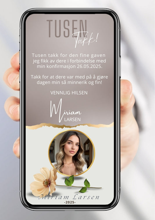 Takkekort konfirmasjon elegant - med bilde personlig design med ferdig tekstforslag - KISS DEKOR