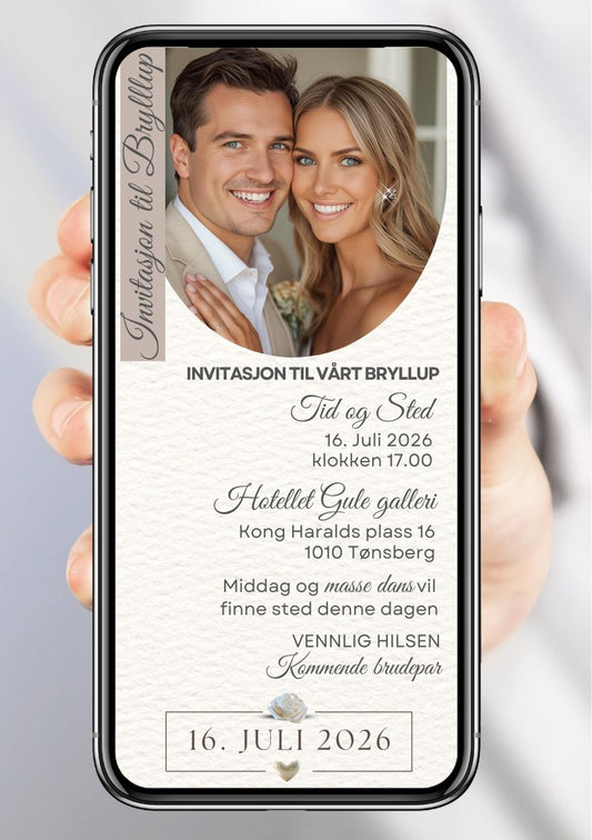 Bryllupsinvitasjon hvit med bilde romantisk - personlig design med ferdig tekstforslag - KISS DEKOR
