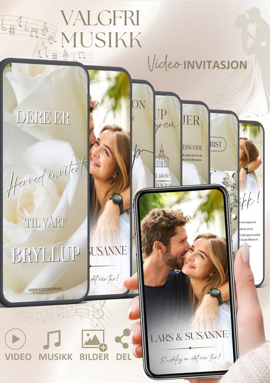 Bryllupsvideo invitasjon 7 sider med musikk - personlig design med ferdig tekstforslag - KISS DEKOR