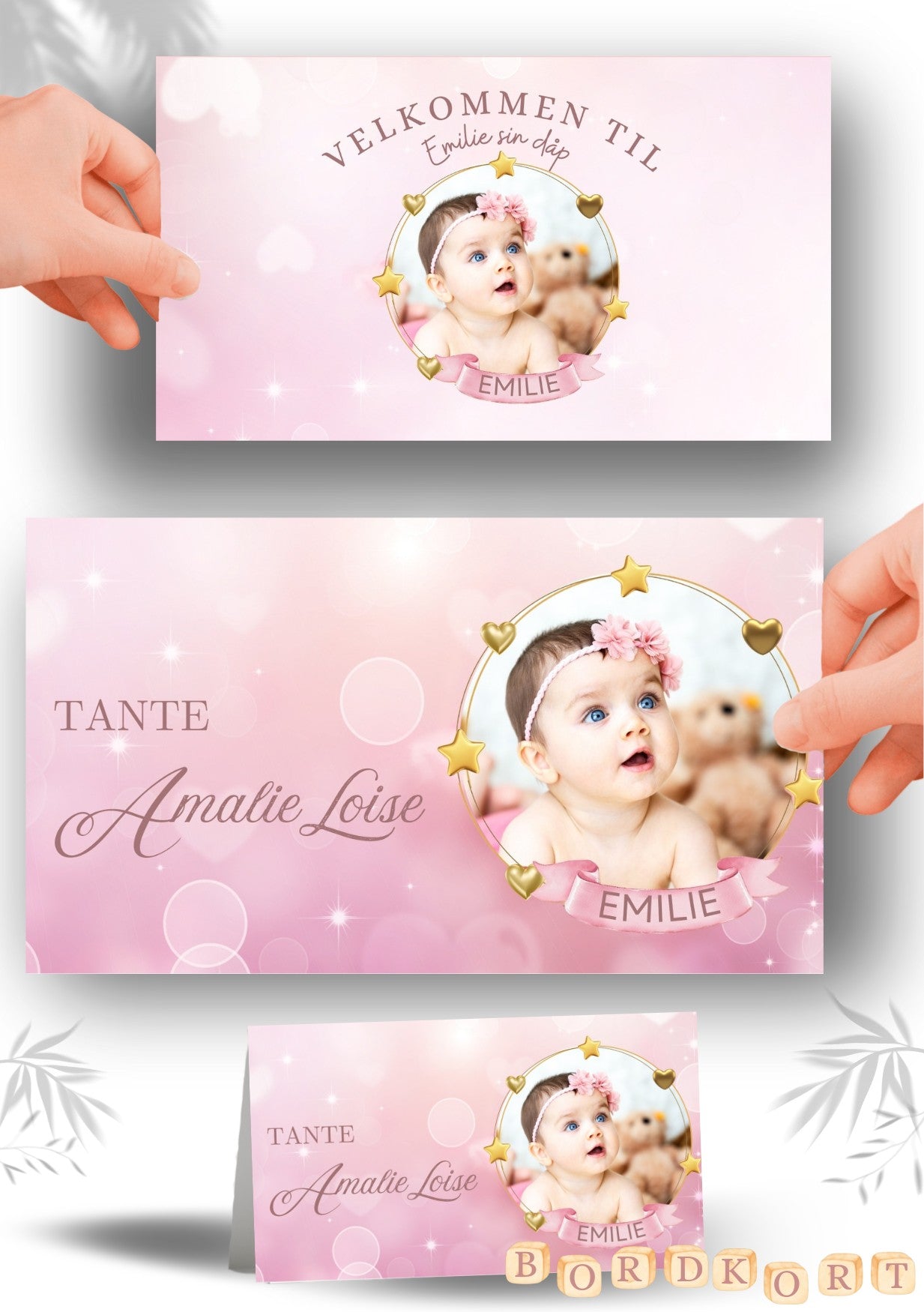 Elegant bordkort til dåp med personlig design – perfekt for dåpsfesten