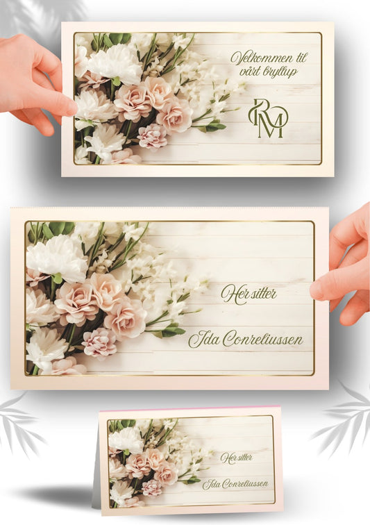 Digitalt bordkort til bryllup med vakker typografi og romantisk stil