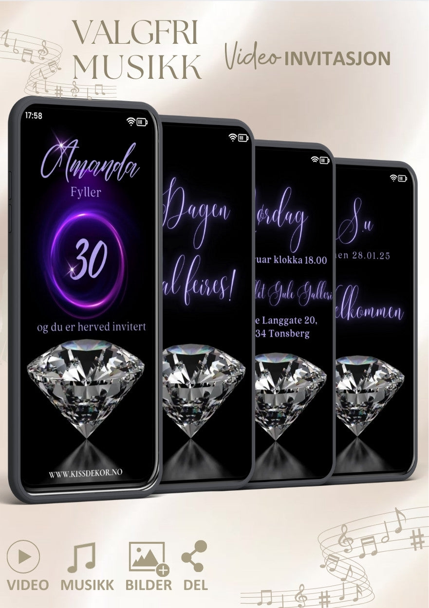 Bursdagsvideo invitasjon moderne diamant med musikk - personlig design med ferdig tekstforslag - KISS DEKOR