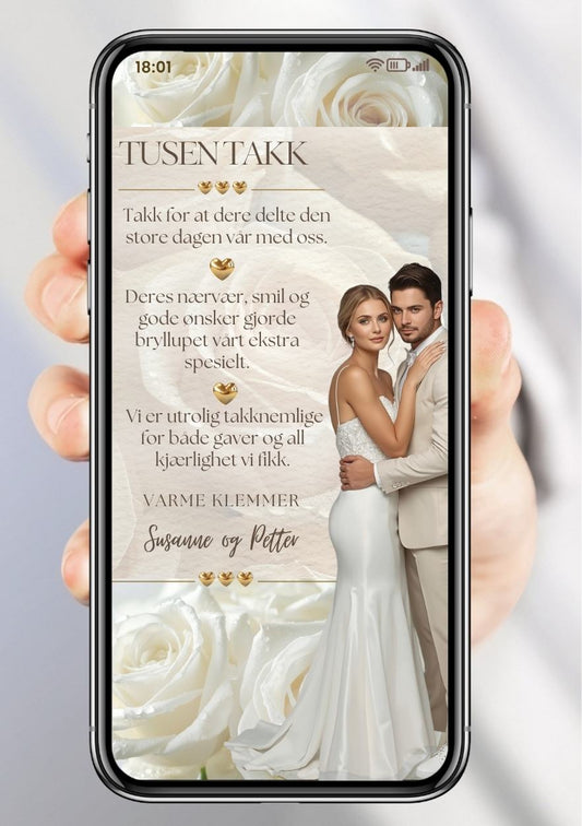 Takkekort bryllup beige minimalistisk med bilde - personlig design med ferdig tekstforslag - KISS DEKOR