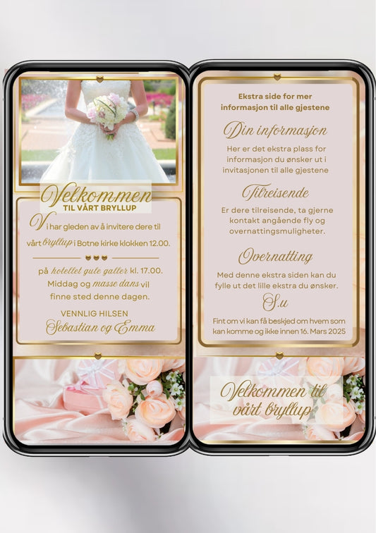 Bryllupsinvitasjon 2 sider elegant rosa design