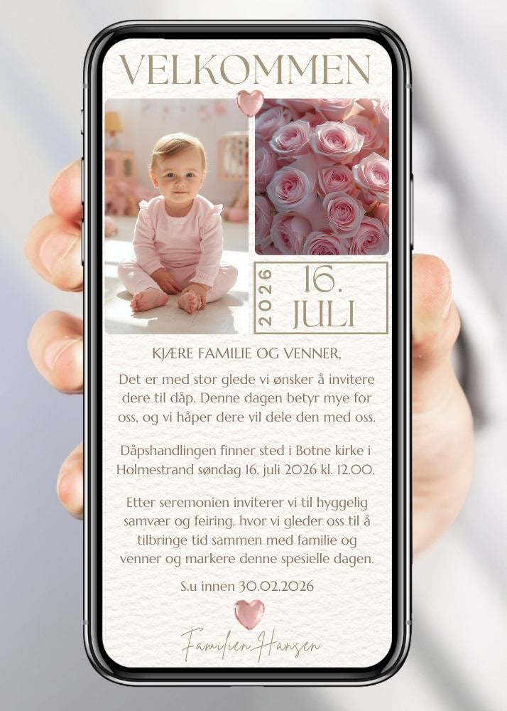 Dåpsinvitasjon hvit  med rosa rose  - personlig design med ferdig tekstforslag - KISS DEKOR