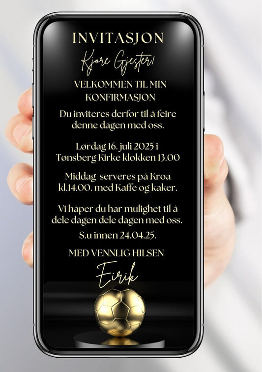 Konfirmasjonsinvitasjon sort med gull fotball personlig design med ferdig tekstforslag - KISS DEKOR