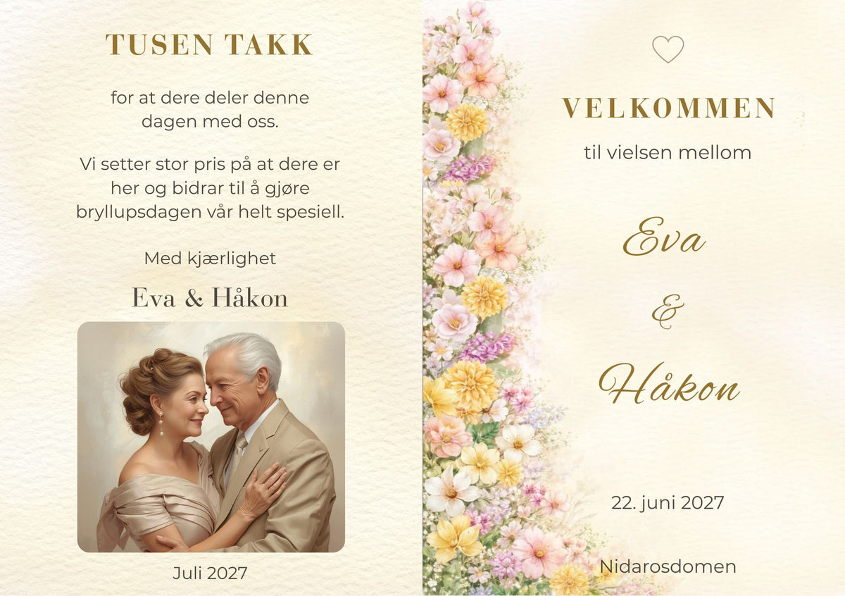 Bryllupsprogram Golden Meadow – forside med brudeparbilde, gullskrift og blomsterkolonne i rosa, gul og lilla mot kremfarget bakgrunn