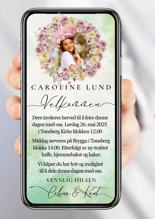 Konfirmasjonsinvitasjon elegant - personlig design med ferdig tekstforslag - KISS DEKOR
