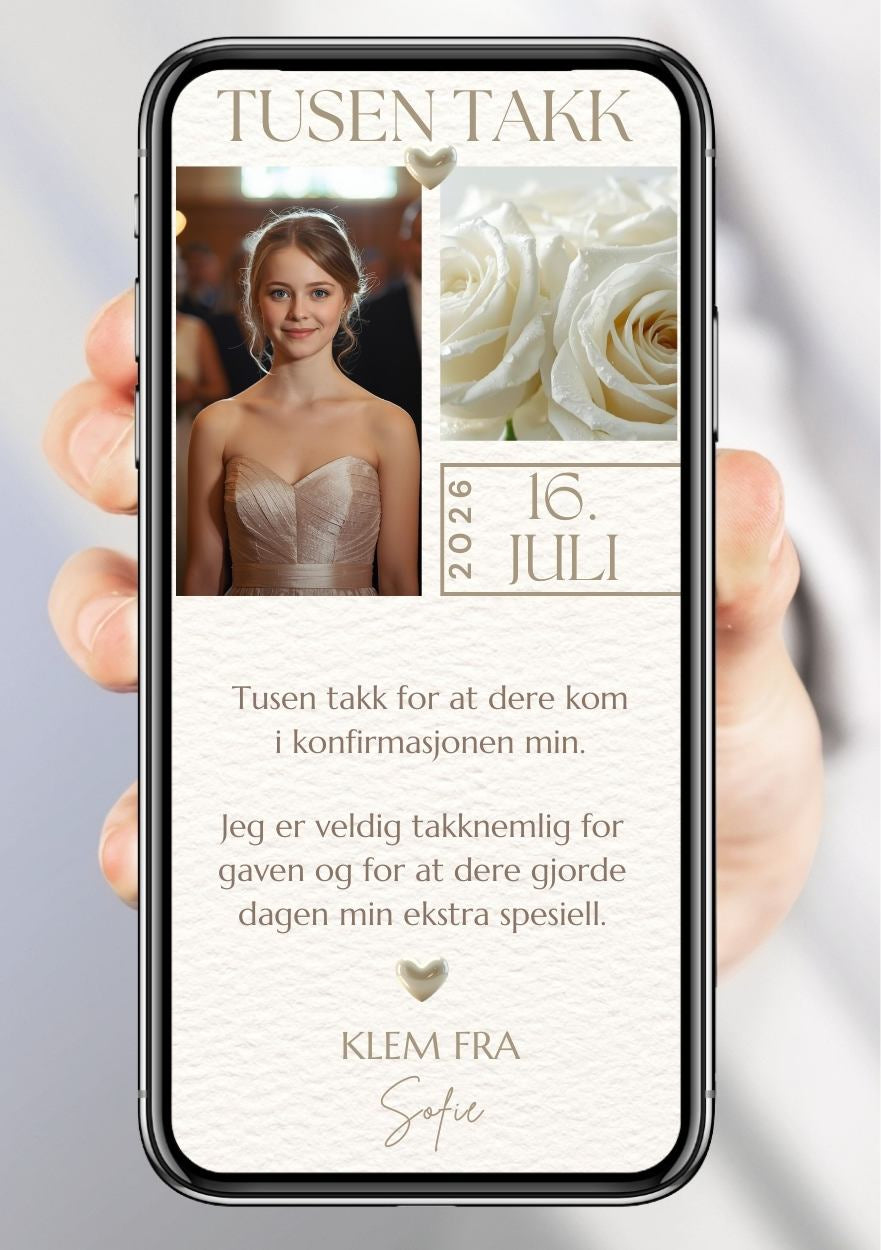 Takkekort konfirmasjon hvit elegant - personlig design med ferdig tekstforslag - KISS DEKOR