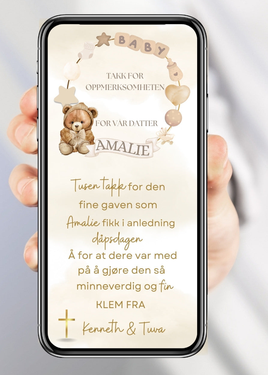 Takkekort til dåp bamse design