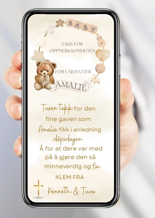 Takkekort til dåp bamse design