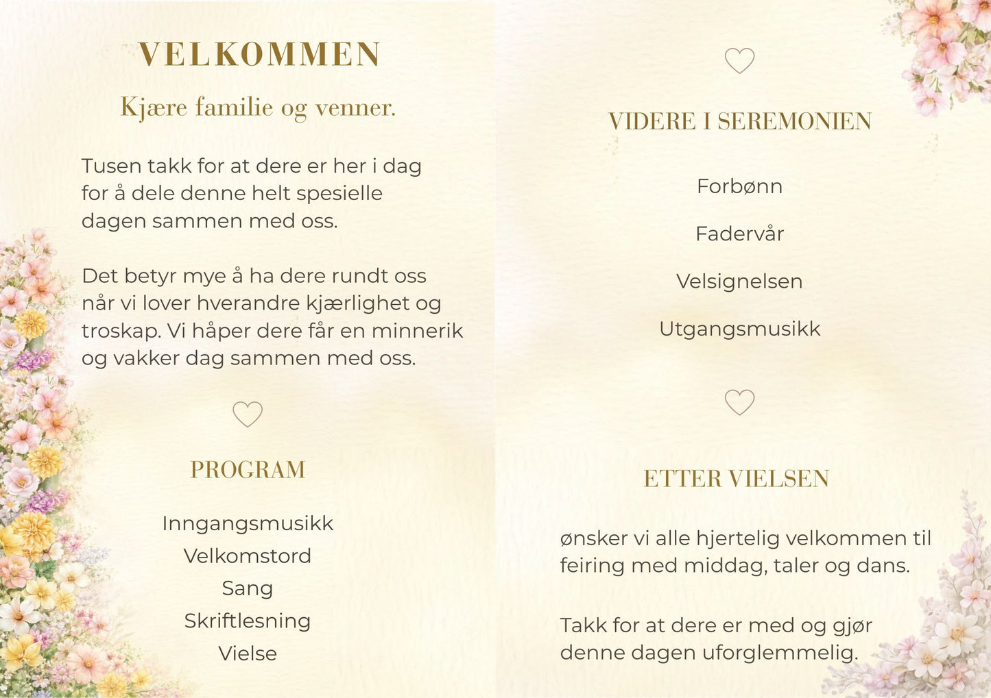 Bryllupsprogram Golden Meadow – innside med velkomsttekst og seremoniprogram med pastell blomsterdekor i hjørnene på beige bakgrunn