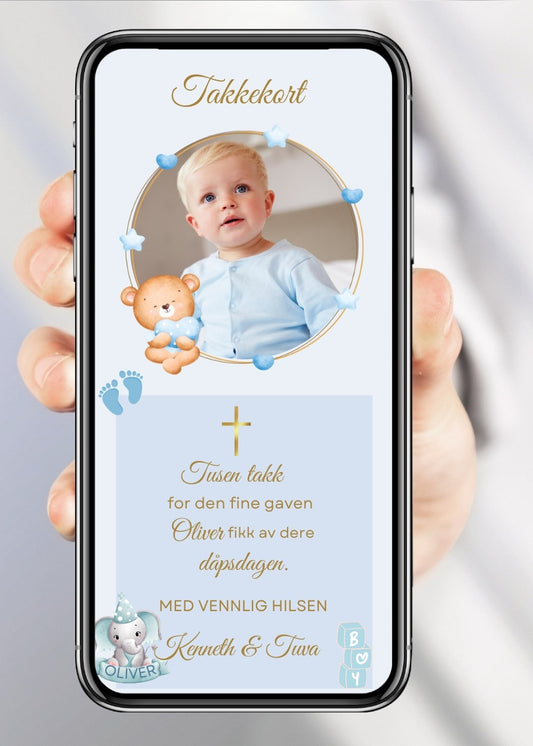Takkekort til dåp blå med bilde