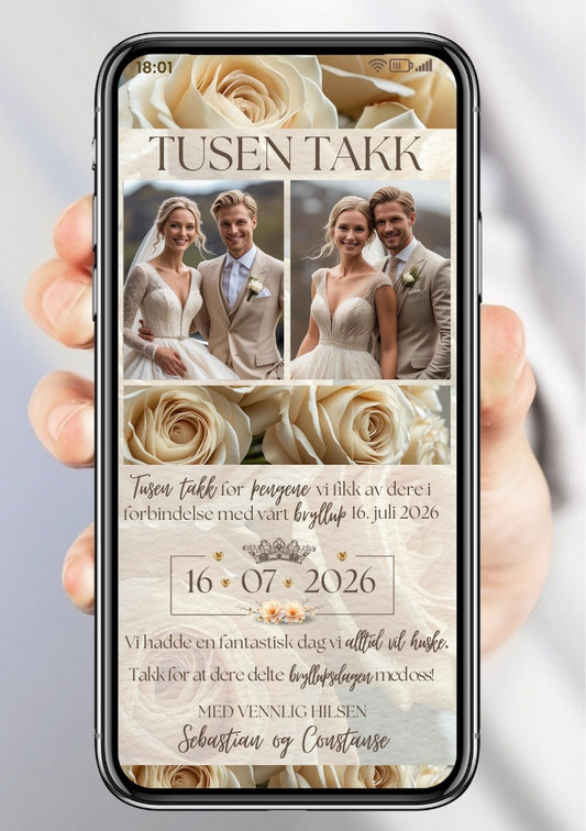 Takkekort brudepar - romantisk bryllup med brudebukett og hvite roser på mobil
