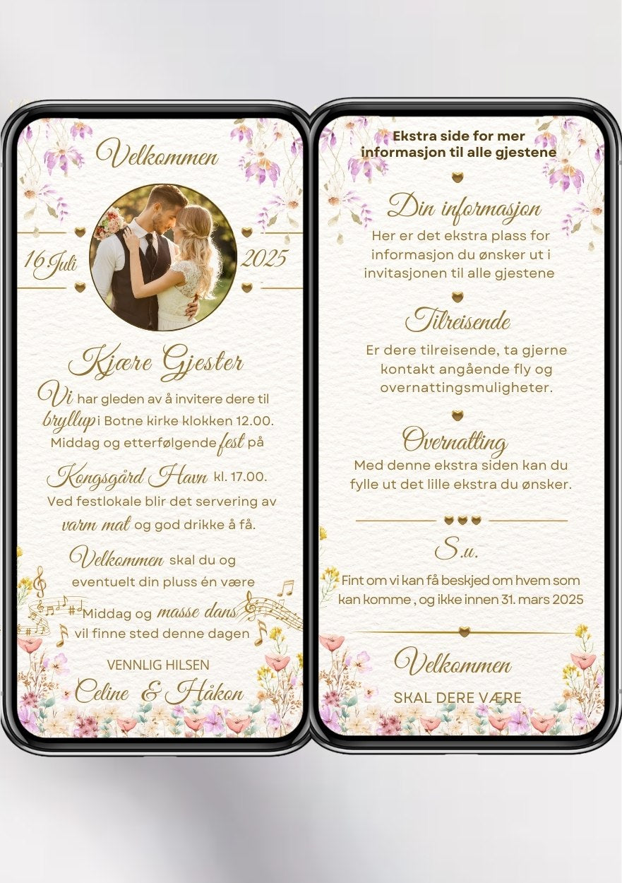 Bryllupsinvitasjon 2 sider moderne blomster design