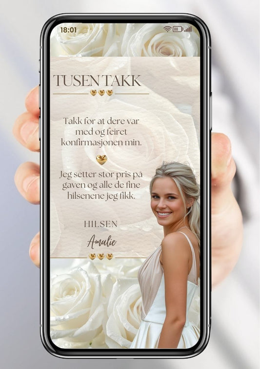 Takkekort konfirmasjon hvit med blomster - personlig design med ferdig tekstforslag - KISS DEKOR