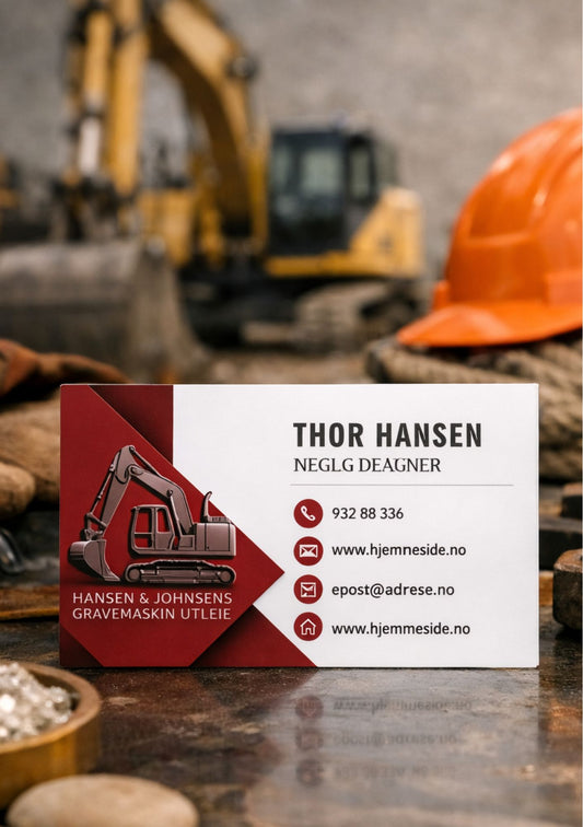 Digitalt visittkort på anleggsplassen – design for Thor Hansen hos Hansen og Johnsens Gravemaskin Utleie, med gravemaskingrafik i rød og hvit fargepalett