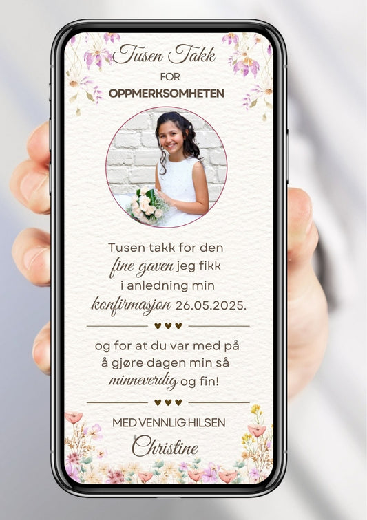 Takkekort konfirmasjon hvit med bilde - personlig design med ferdig tekstforslag - KISS DEKOR
