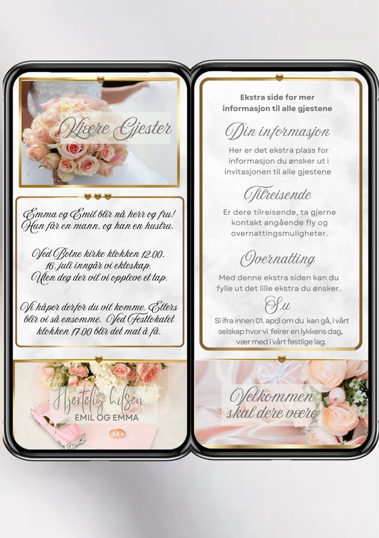 Bryllupsinvitasjon 2 sider elegant pastell design 