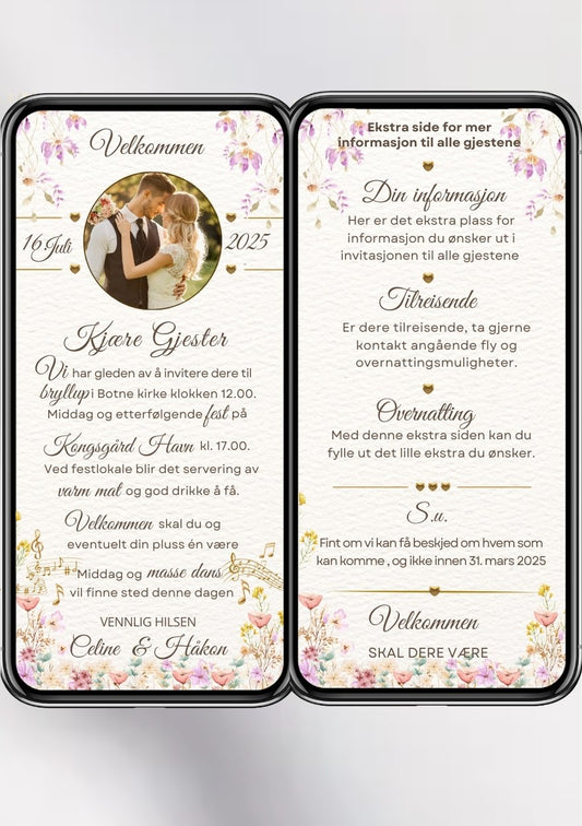 Bryllupsinvitasjon 2 sider moderne blomster design 