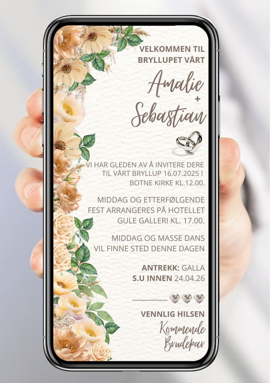Bryllupsinvitasjon blomster elegant- personlig design med ferdig tekstforslag - KISS DEKOR