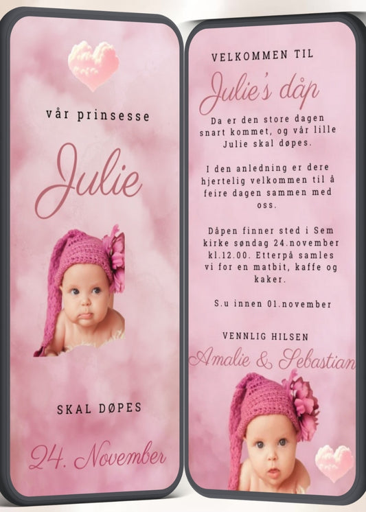 Dåpsinvitasjon og navnefest rosa med bilder  - personlig design med ferdig tekstforslag - KISS DEKOR
