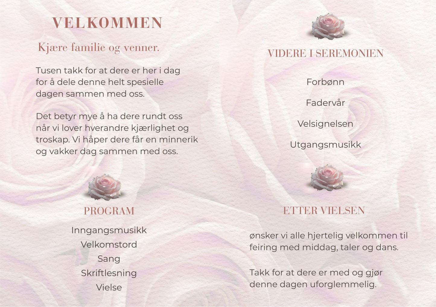 Bryllupsprogram Rose Dream – innside med velkomsttekst og seremoniprogram dekorert med roseikoner på lyserosa rosetapet