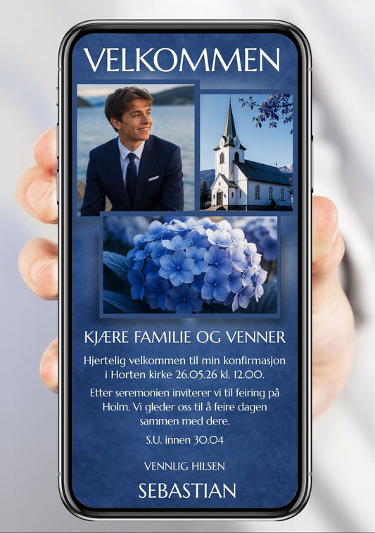 Digital invitasjon til konfirmasjon i navy med portrettbilde, kirkebilde, blå hortensiaer og velkomsttekst, vist på mobilskjerm