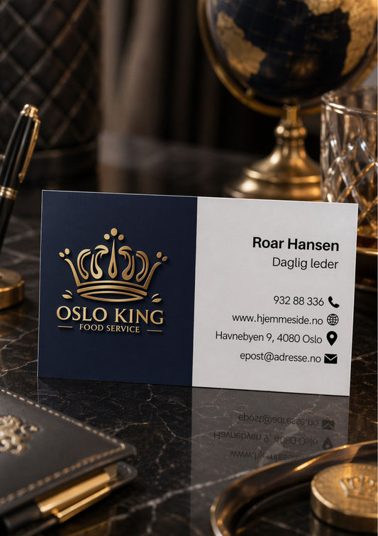 Digitalt visittkort på marmorbord med gulldekorasjon – design for Roar Hansen, daglig leder hos Oslo King Food Service, med gullkrone-logo i mørkeblå og hvit fargepalett