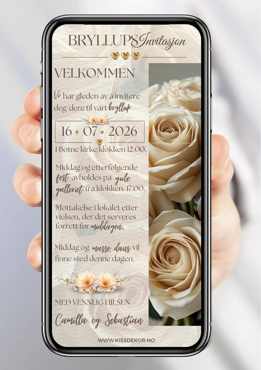 Bryllupsinvitasjon med rose bilde elegant - personlig design med ferdig tekstforslag - KISS DEKOR
