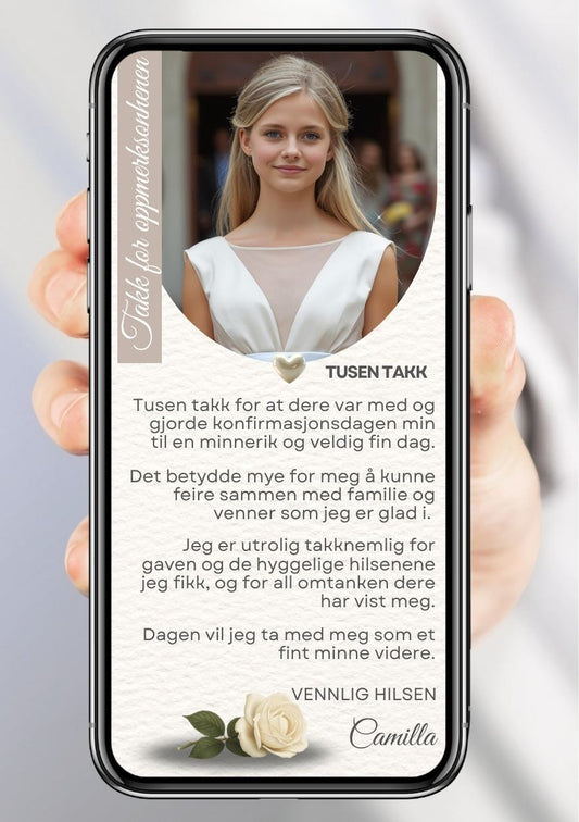 Takkekort konfirmasjon hvit med bilde - personlig design med ferdig tekstforslag - KISS DEKOR