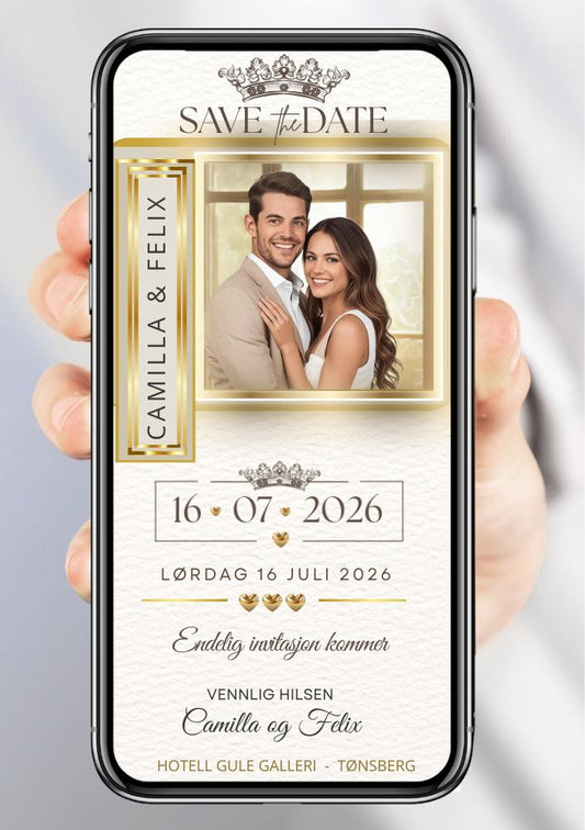 Mobil Save the Date gold - personlig og elegant. Ferdig tekstforslag - KISS DEKOR
