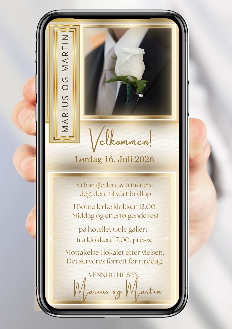 Bryllupsinvitasjon gull elegant- personlig design med ferdig tekstforslag - KISS DEKOR