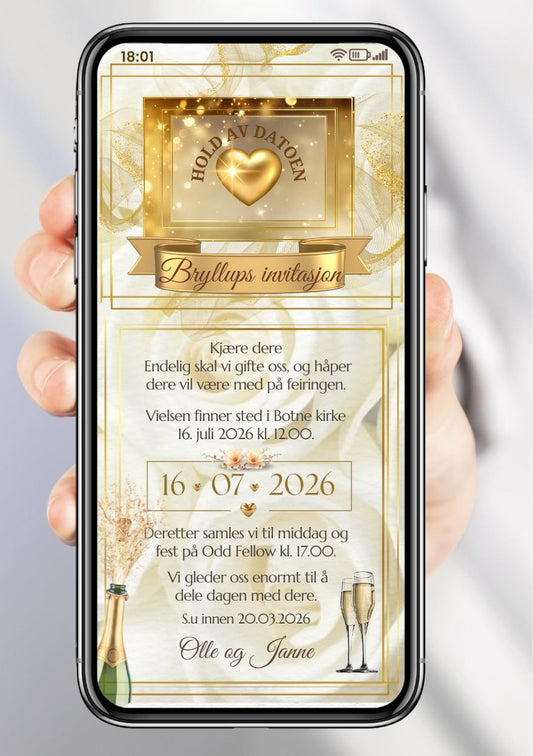Bryllupsinvitasjon gull moderne - personlig design med ferdig tekstforslag - KISS DEKOR