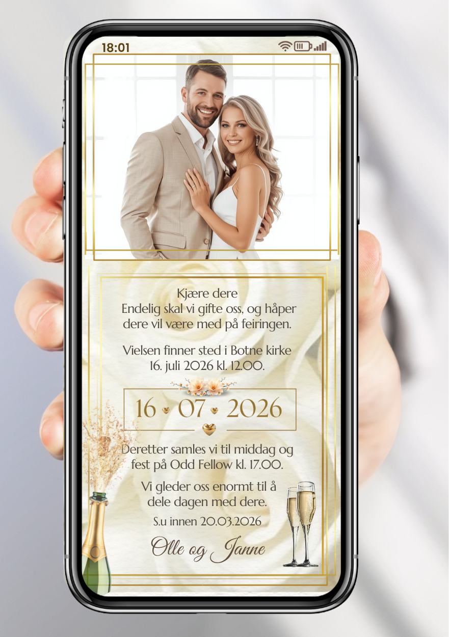 Bryllupsinvitasjon lys romantisk - personlig design med ferdig tekstforslag - KISS DEKOR