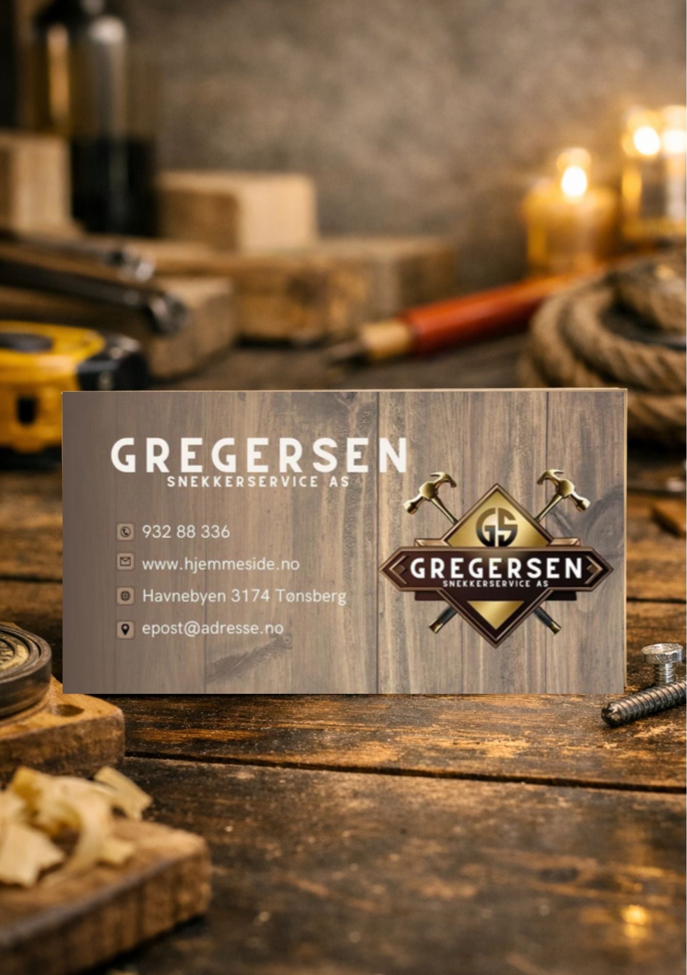 Digitalt visittkort på snekkerverksted – design for Snekker Gutta med kryss-hammer-logo og kontaktinfo i brun og beige fargepalett
