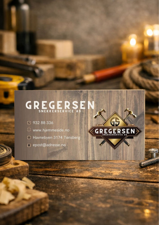 Digitalt visittkort på snekkerverksted – design for Snekker Gutta med kryss-hammer-logo og kontaktinfo i brun og beige fargepalett