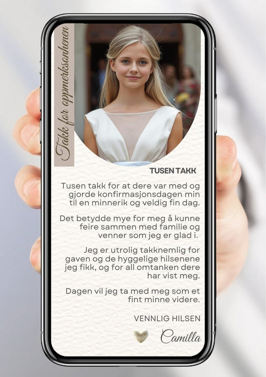 Takkekort konfirmasjon hvit med bilde - personlig design med ferdig tekstforslag - KISS DEKOR