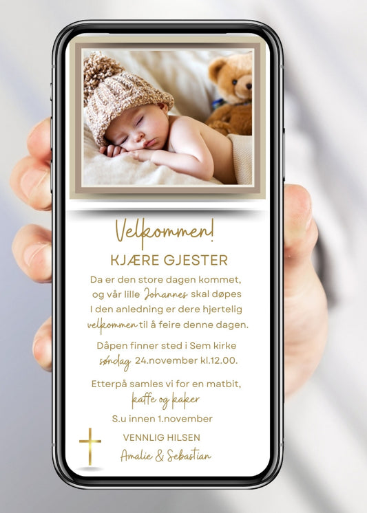 Invitasjon for navnefest og dåp – stilren design til mobil