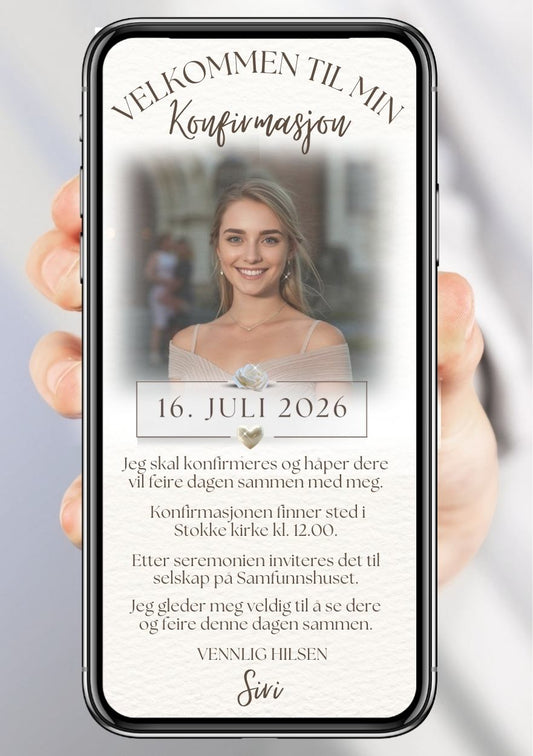 Konfirmasjonsinvitasjon hvit med dato og bilde personlig design med ferdig tekstforslag - KISS DEKOR