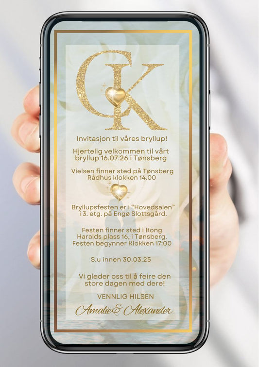 Bryllupsinvitasjon gull detaljer romantisk - personlig design med ferdig tekstforslag - KISS DEKOR