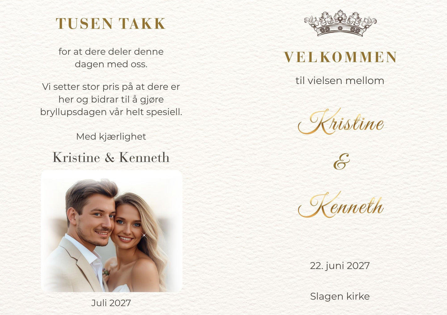 Bryllupsprogram Golden Crown – forside med brudeparbilde, gullkrone og elegante navn i gullskrift på minimalistisk kremfarget bakgrunn