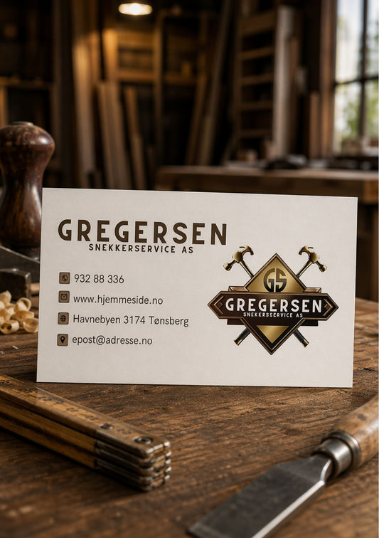 Digitalt visittkort på trebord i snekkerverksted – design for Gregersen Snekkerservice AS med GS-logo og to kryss-hammere i gull og hvit fargepalett 