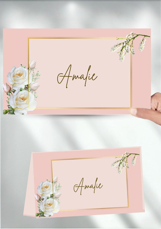 Digitalt rosa bordkort til bryllup med vakker typografi og romantisk stil