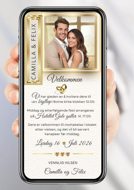 Bryllupsinvitasjon gulldesign romantisk - personlig design med ferdig tekstforslag - KISS DEKOR