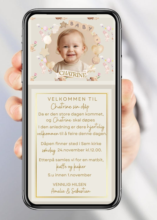 Invitasjon for navnefest og dåp – moderne design til mobil